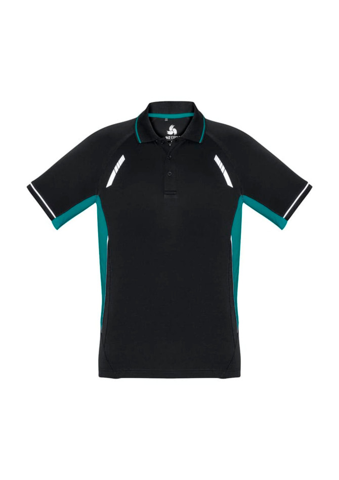 A black and teal men's short sleeve polo shirt featuring contrasting side panels and a logo.