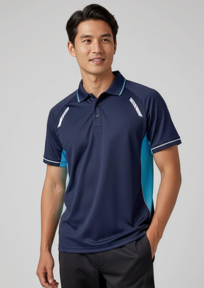 A men's short sleeve polo shirt in navy blue with teal accents and a logo on the chest.