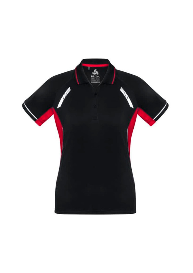 A black women's polo shirt with red accents and white detailing, featuring a logo on the chest.