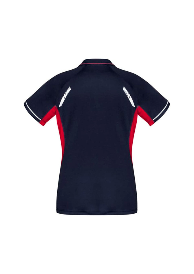 A navy and red women's polo shirt featuring a sporty design and logo on the back.