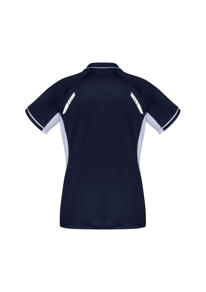 A women's short sleeve polo in navy with white accents and a logo.