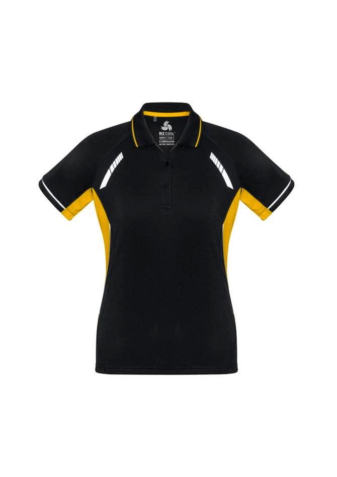 A black and yellow women's polo shirt featuring short sleeves and a logo on the front.