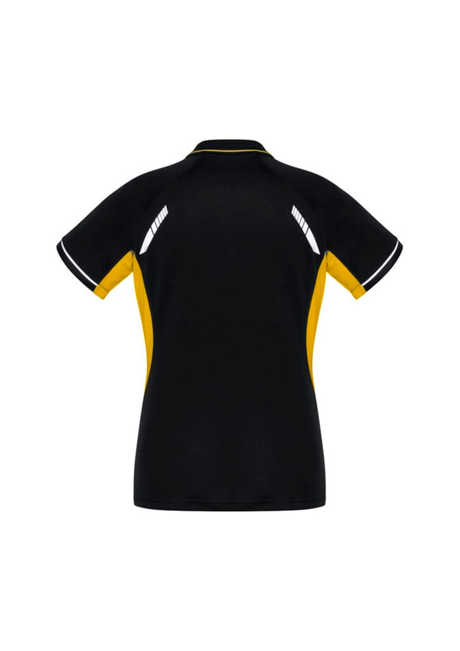 A black and yellow short sleeve polo shirt with a logo, featuring contrasting details on the back.