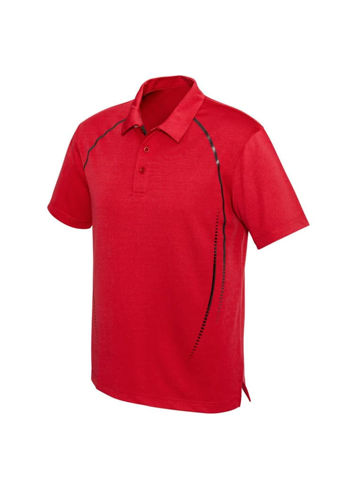 A red men's short sleeve polo shirt featuring a subtle design and a logo on it.