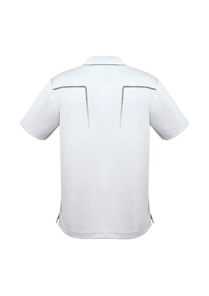 A short sleeve polo shirt in white featuring a logo and back detailing.
