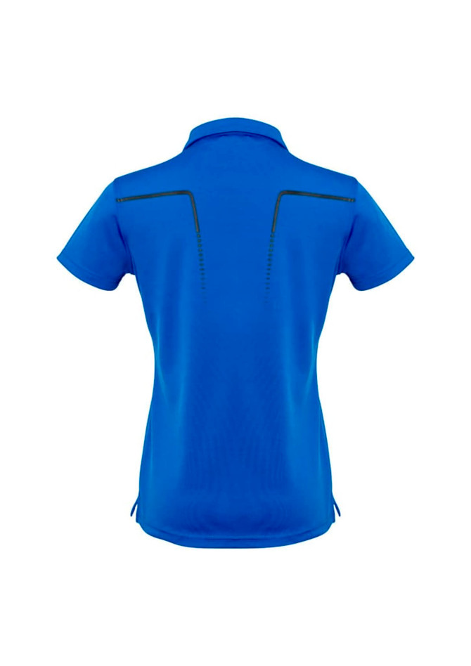 A blue women's short sleeve polo shirt featuring a back design with black detailing and a logo.