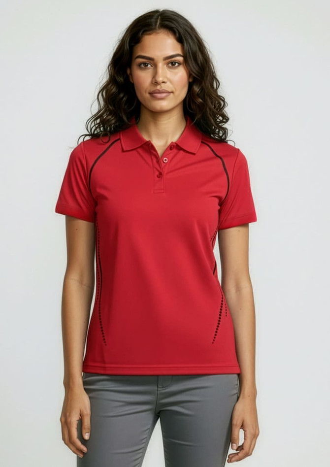 A red women's cyber short sleeve polo shirt featuring black detailing and a logo.