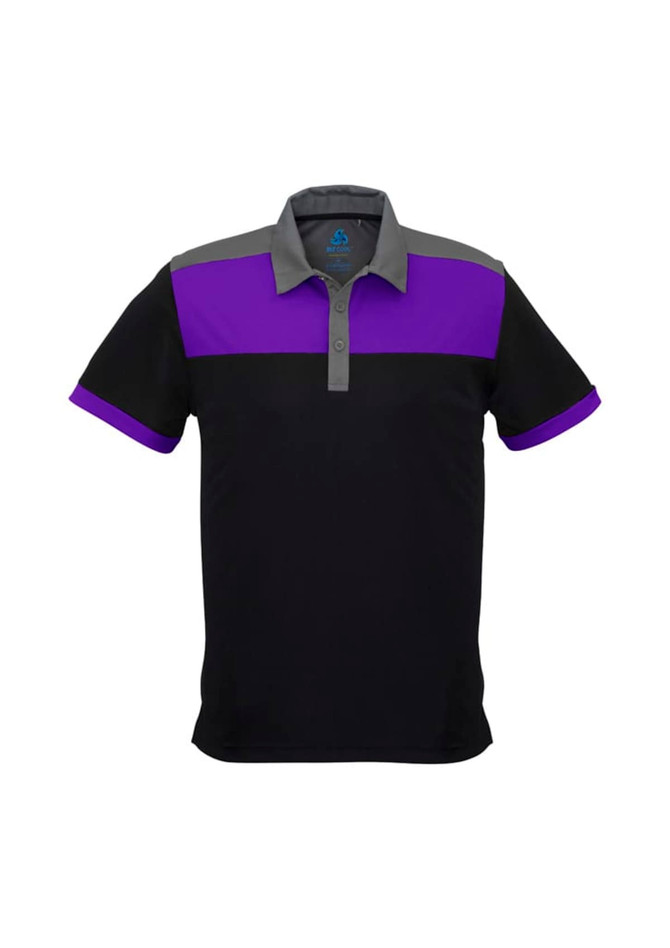 A black polo shirt with purple and grey colour blocks, featuring a collar and a logo. Short sleeves included.