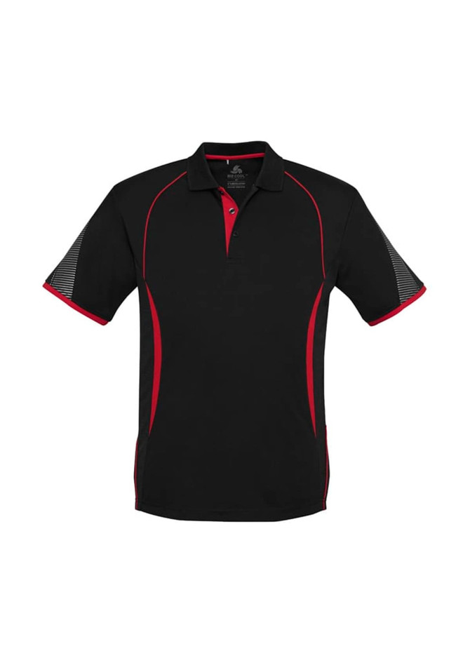A black polo shirt with red accents and short sleeves, featuring a logo on one side.