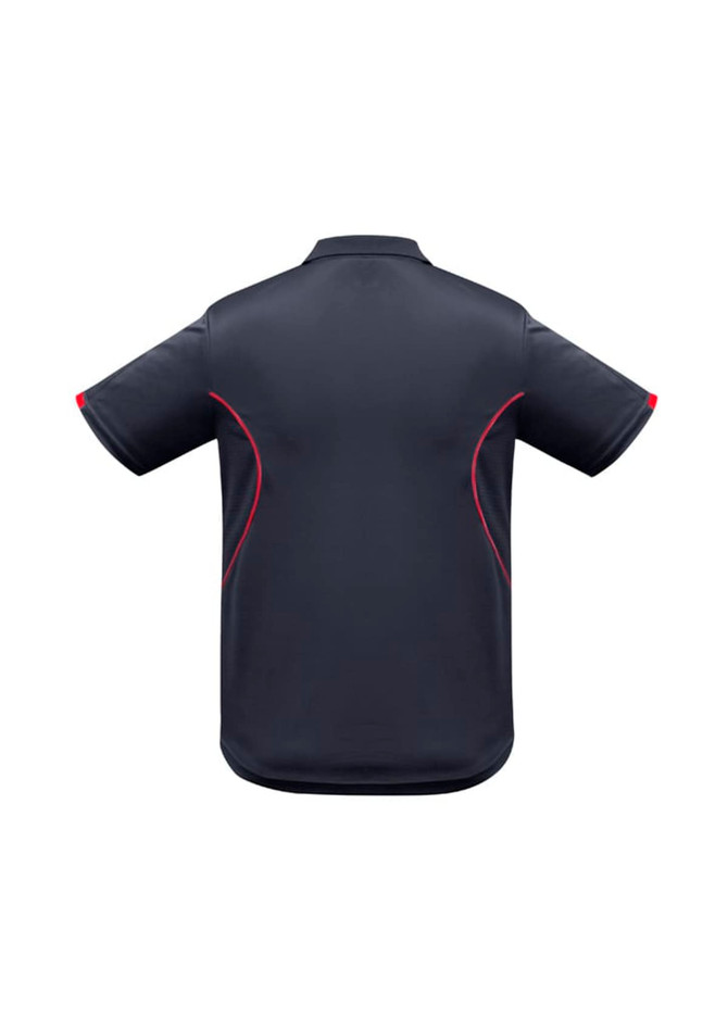 A dark grey polo shirt with short sleeves and red accent details, featuring a logo.