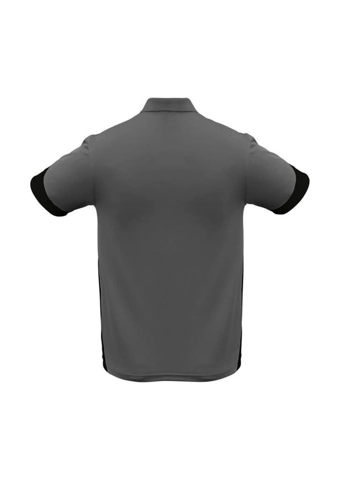 A grey men's polo shirt with black sleeves and a logo on the side. The back view is displayed.