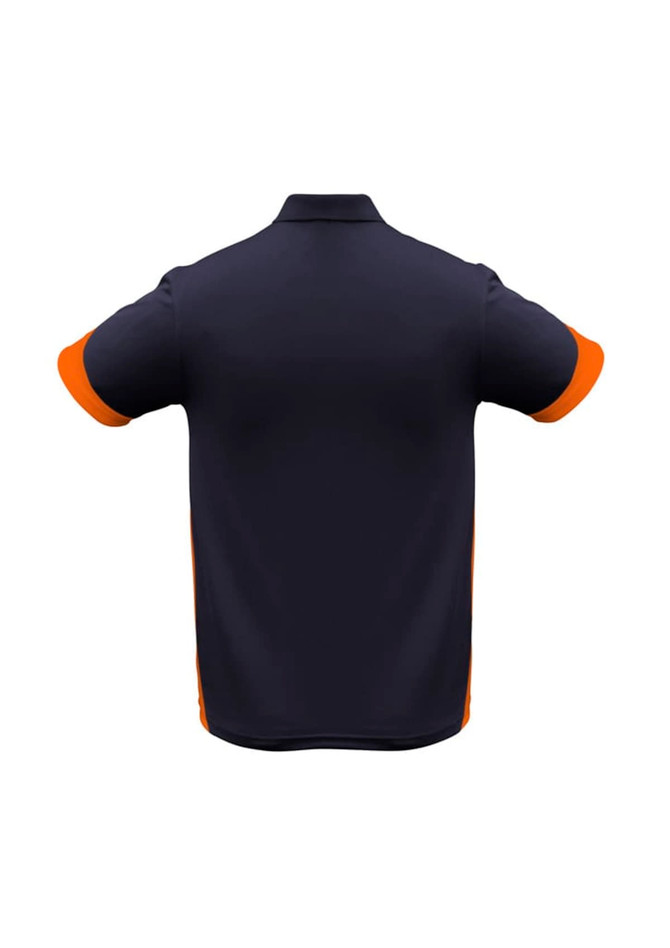 A navy blue polo shirt with orange sleeves and a brand logo on the back.