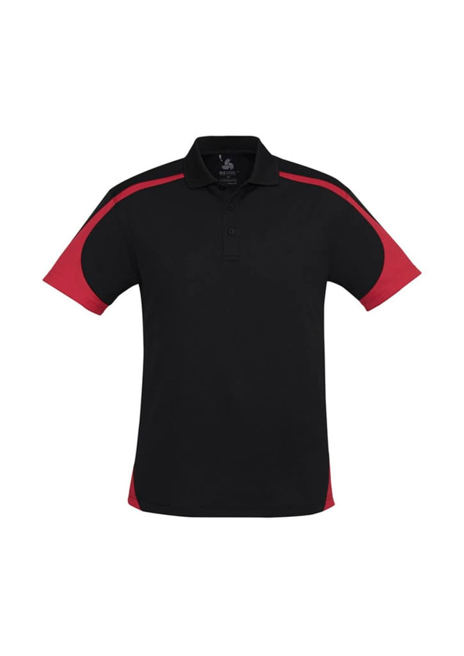 A black polo shirt with red accents, featuring a collar and short sleeves. The shirt has a logo on it.