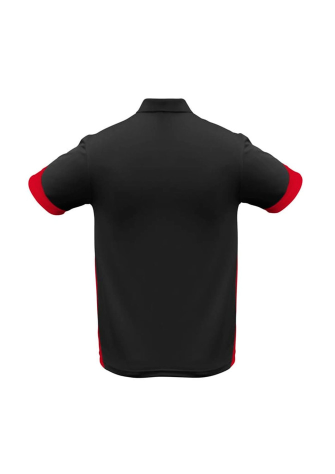 A black polo shirt with red sleeves, featuring a collar and a logo on the back.