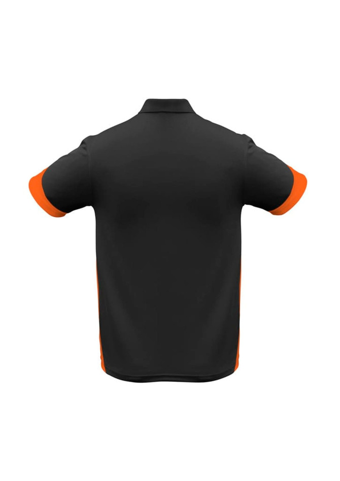 A black men's polo shirt with orange accents on the sleeves, featuring a logo on the back.