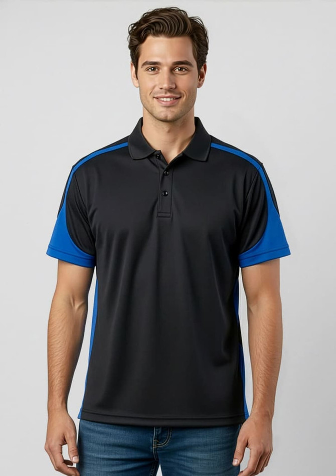 A black and blue short sleeve polo shirt featuring a collar and a logo. Suitable for casual wear.