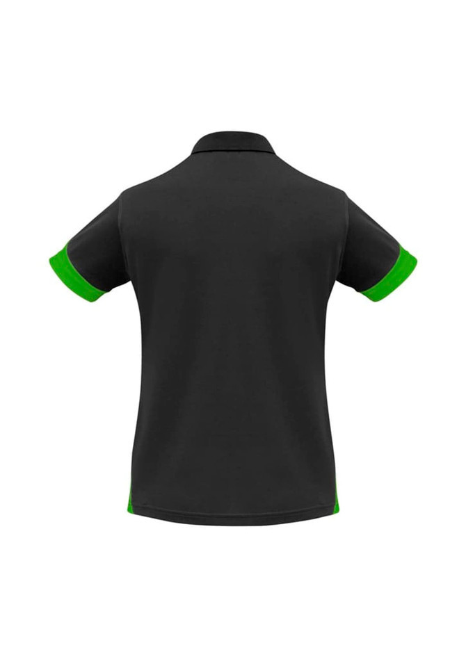 A black women's polo shirt with green accents on the sleeves, featuring a logo on the back.