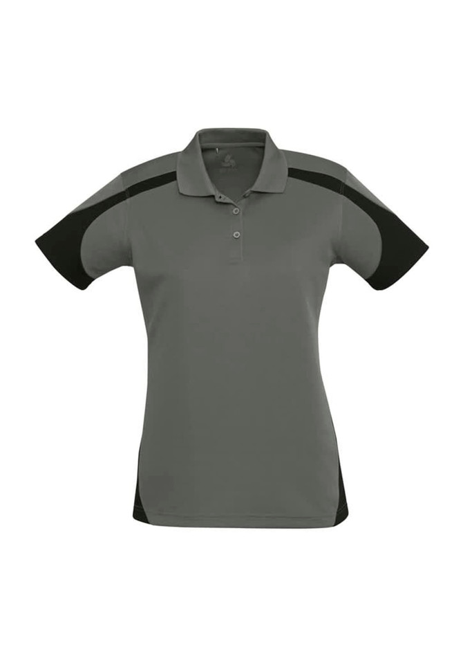 A women's short sleeve polo shirt in grey with black accents and a logo on the chest.