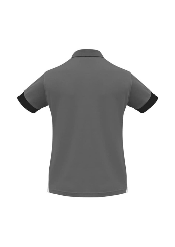 A short sleeve polo shirt in grey with black accents and a logo.