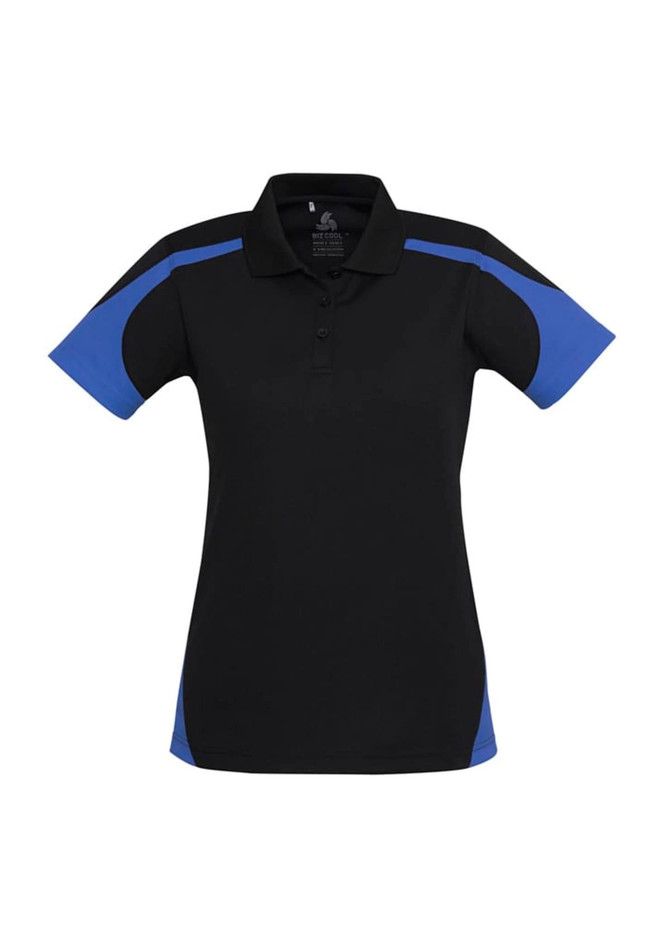 A women's polo shirt featuring short sleeves, black with blue accents, and a branded logo on the front.