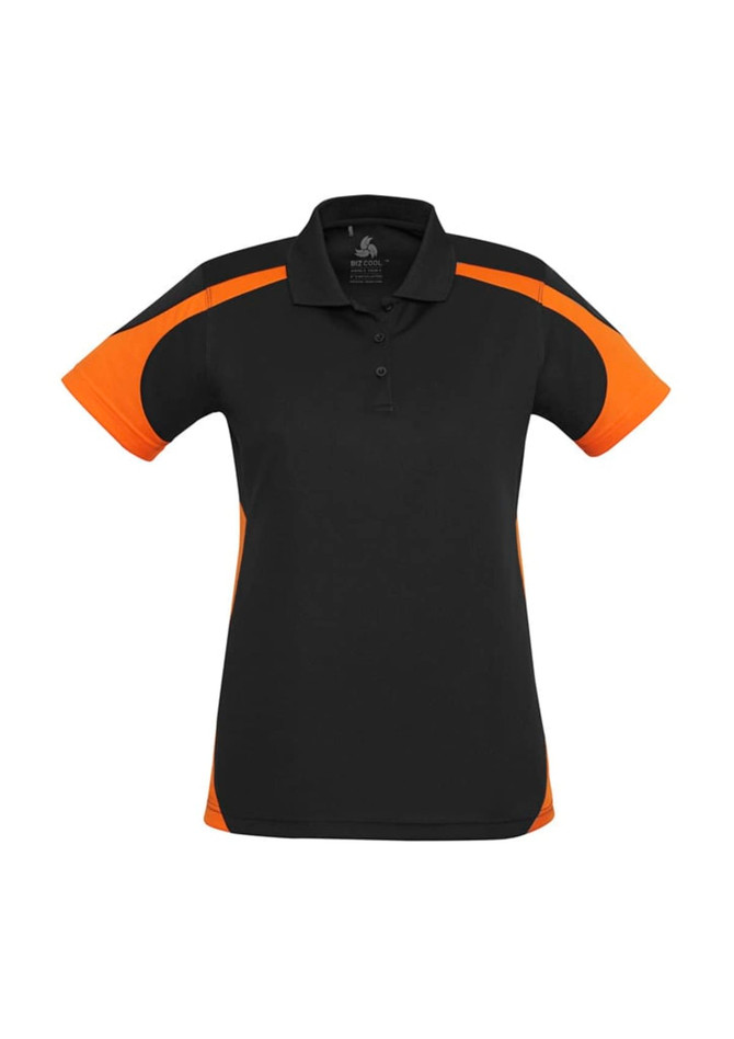 A women's short sleeve polo shirt in black with orange accents and a logo.