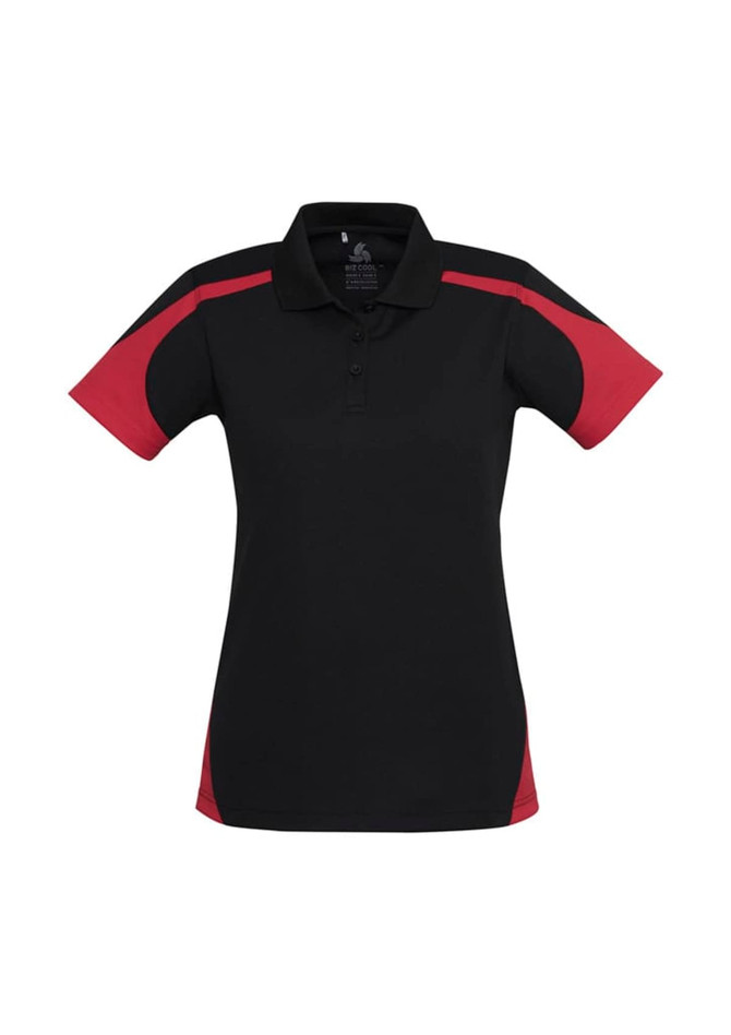 A black short sleeve polo shirt with red accents and a logo on the chest.
