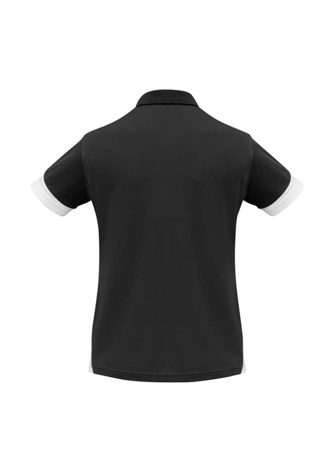 A black women's polo shirt with white accents on the sleeves and a small branding logo.