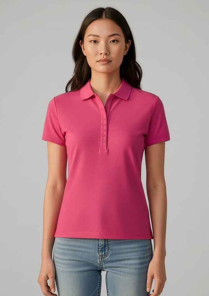 A pink women's polo shirt with a collar and short sleeves, featuring a branding logo.
