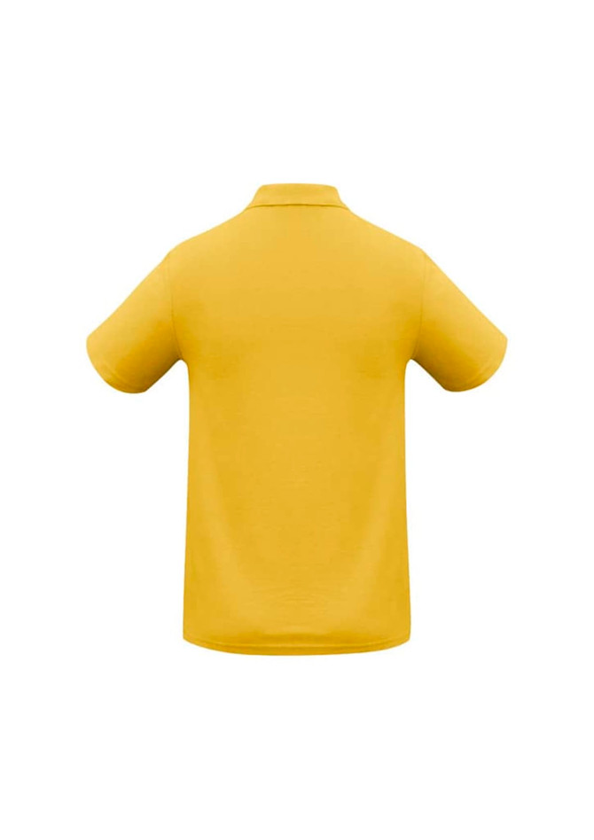 A yellow polo shirt with a classic collar and short sleeves, featuring a logo on the back.
