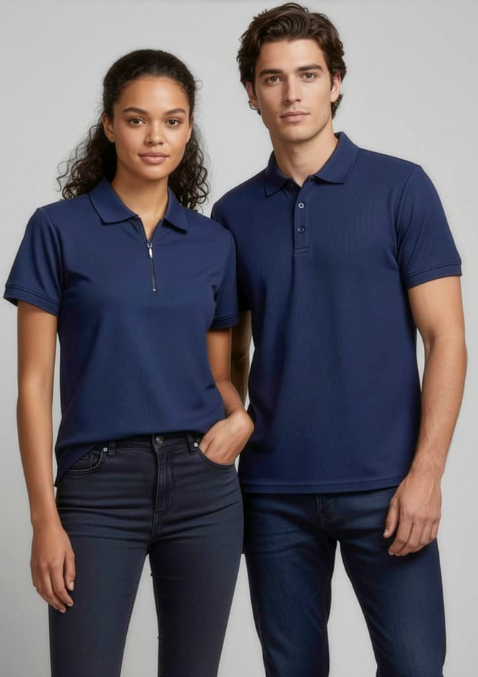 A navy blue women's micro waffle short sleeve polo, displayed alongside a male counterpart in a similar design.