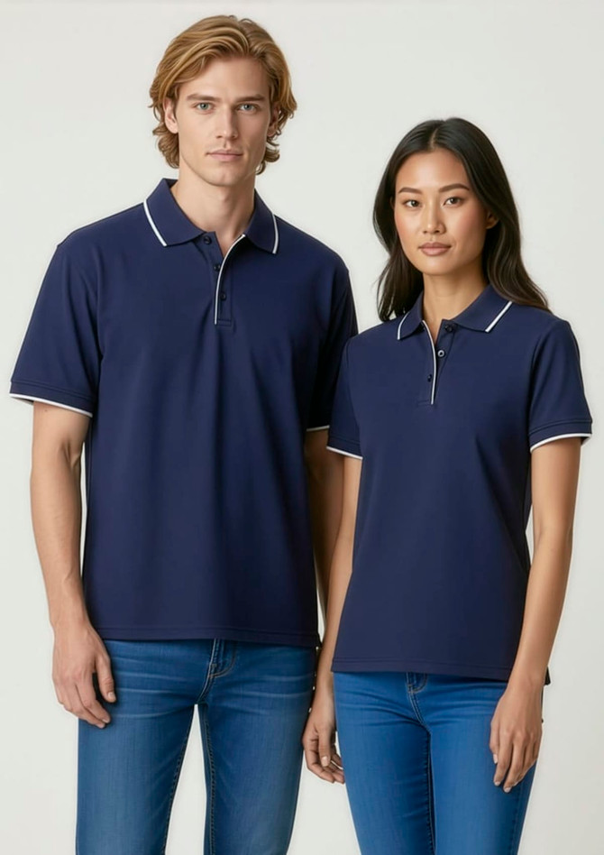 A navy blue women's polo shirt featuring short sleeves and a contrasting trim. The model is paired with a male model in a similar style.