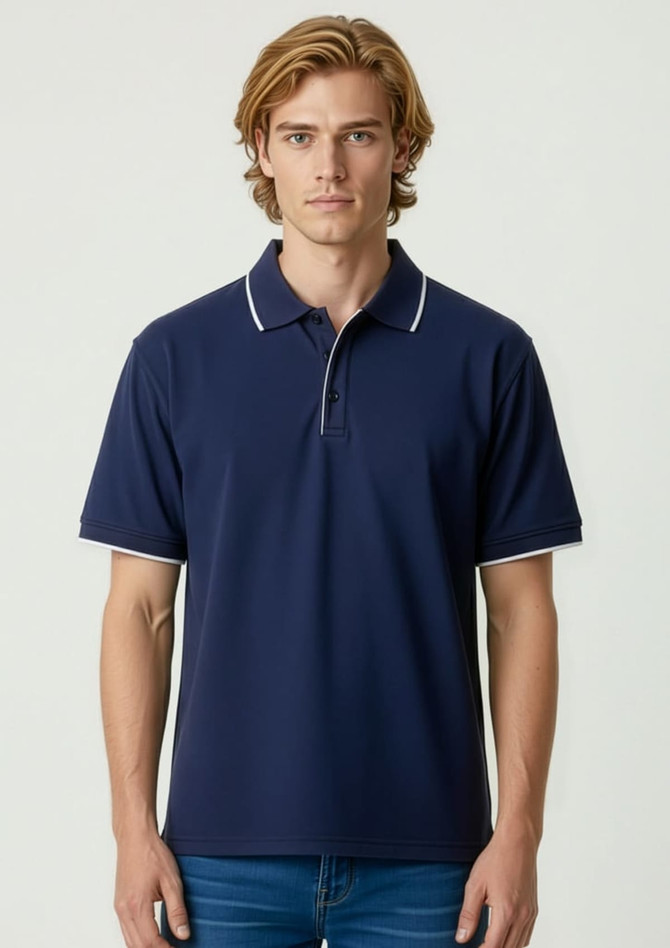 A navy blue men's short sleeve polo shirt with contrasting white trim and a logo on the chest.