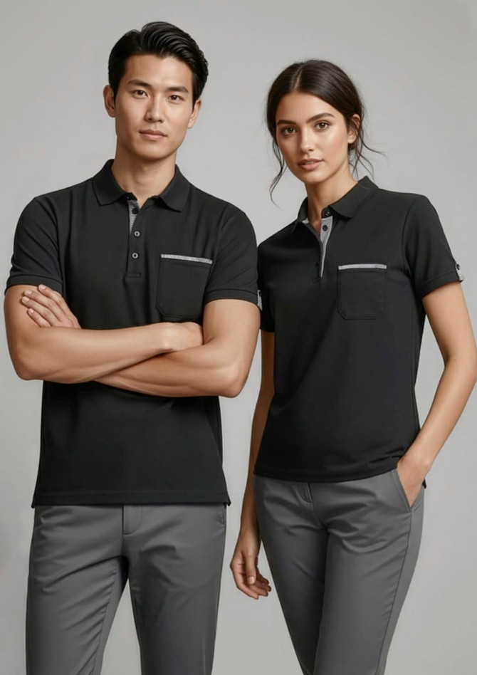 A black short sleeve polo shirt for men, featuring a pocket and subtle logo. Modelled by two individuals.