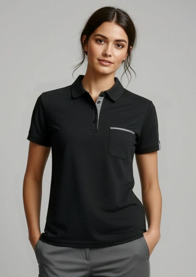 A black women's short sleeve polo shirt featuring a pocket and a logo. The collar is grey, adding contrast to the design.