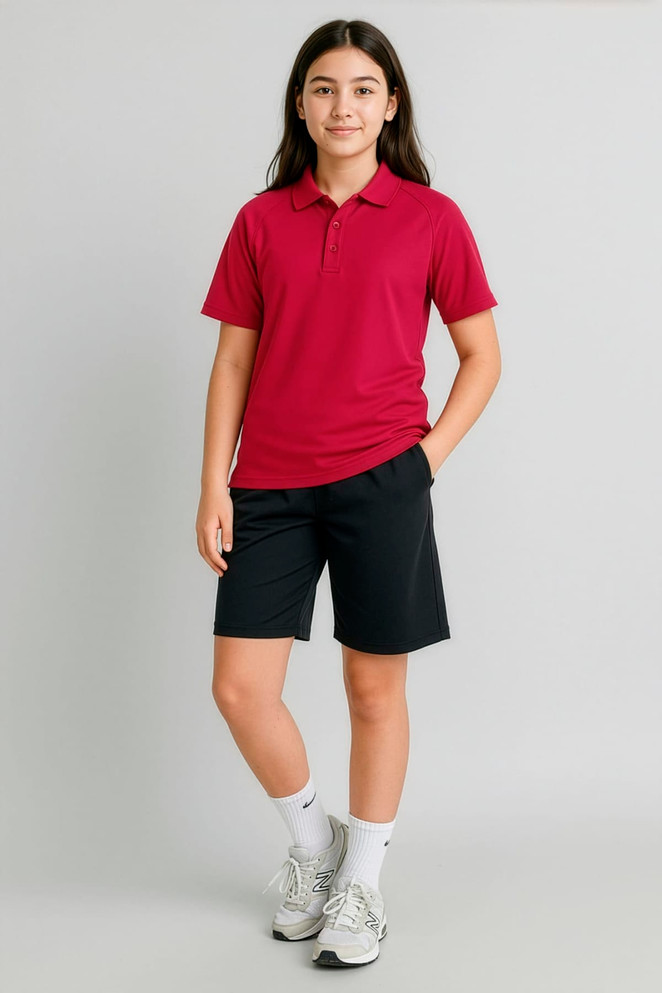 A girl is wearing a burgundy short sleeve polo shirt with black shorts. The polo features a logo on the chest.