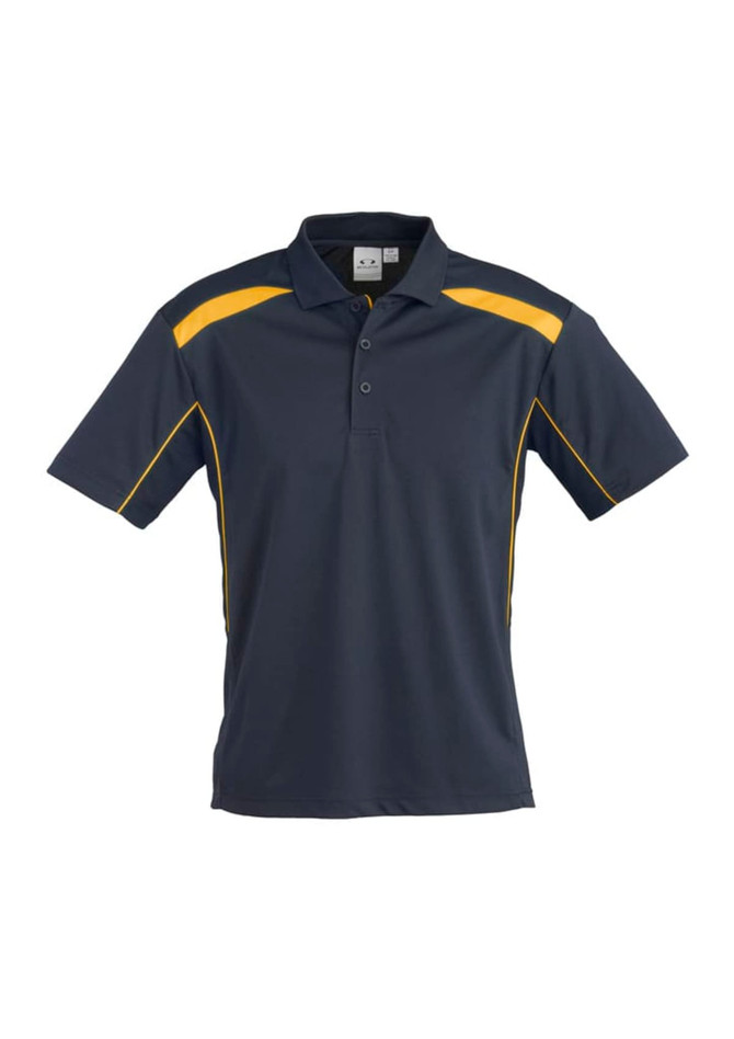 A navy blue short sleeve polo shirt with yellow accents and a logo on the chest.