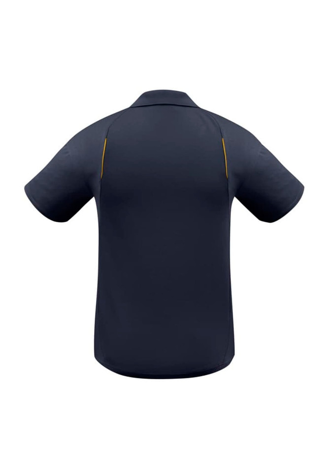 A navy short sleeve polo shirt with a logo, featuring a sleek design and contrasting yellow detailing.