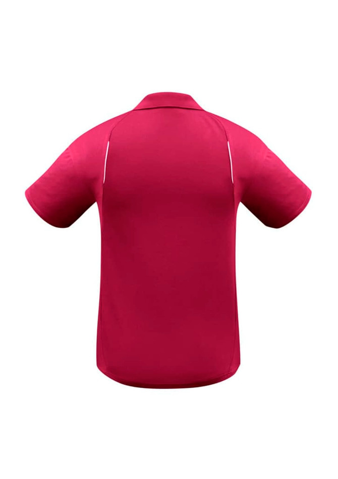 A maroon short sleeve polo shirt featuring a logo, shown from the back view.