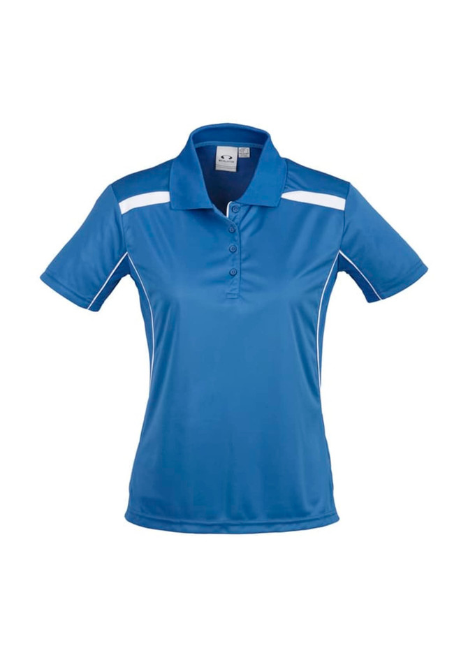 A blue women's short sleeve polo shirt with white stripes and a logo on the chest.