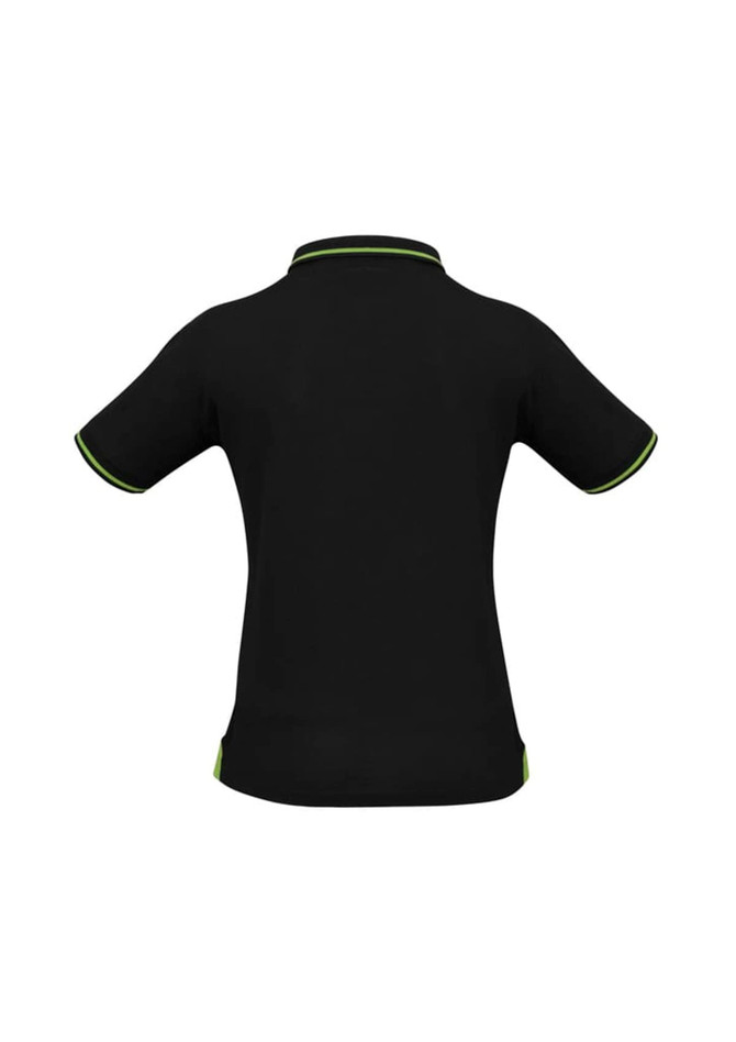 A black women's polo shirt with short sleeves, featuring contrasting green accents and a logo.