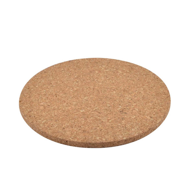 A round cork coaster with a natural finish, showcasing a textured surface. It features a simple design and a branded logo.