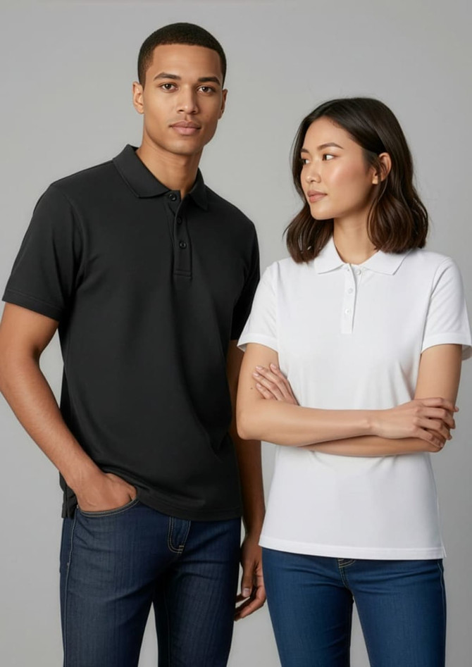 A black polo shirt on a man and a white polo shirt on a woman, both with a logo.