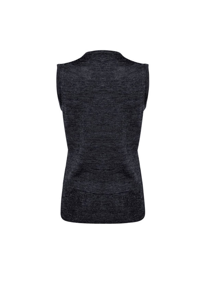 A sleeveless dark grey women's vest with a textured design and a back view. Features a branding logo.