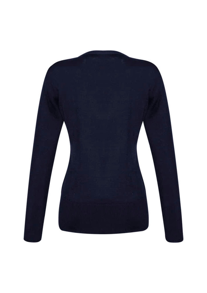 A navy women's Milano pullover sweater featuring a fitted design and long sleeves, with a simple back view.