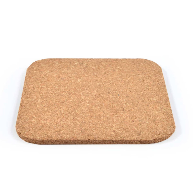 A square cork coaster in a natural brown hue, featuring rounded edges and a smooth surface.
