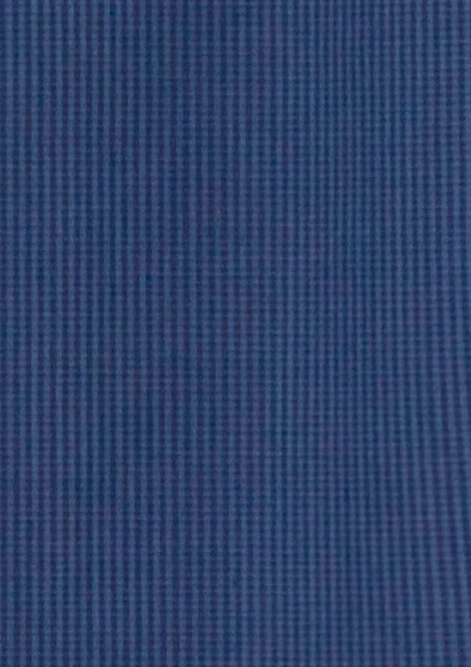 A textured navy fabric with a micro check pattern, suitable for a button-up shirt. It includes a logo.