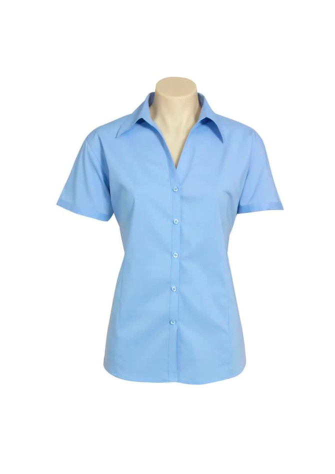 A light blue women's short sleeve button-up shirt displayed on a mannequin, featuring a collar and front buttons.