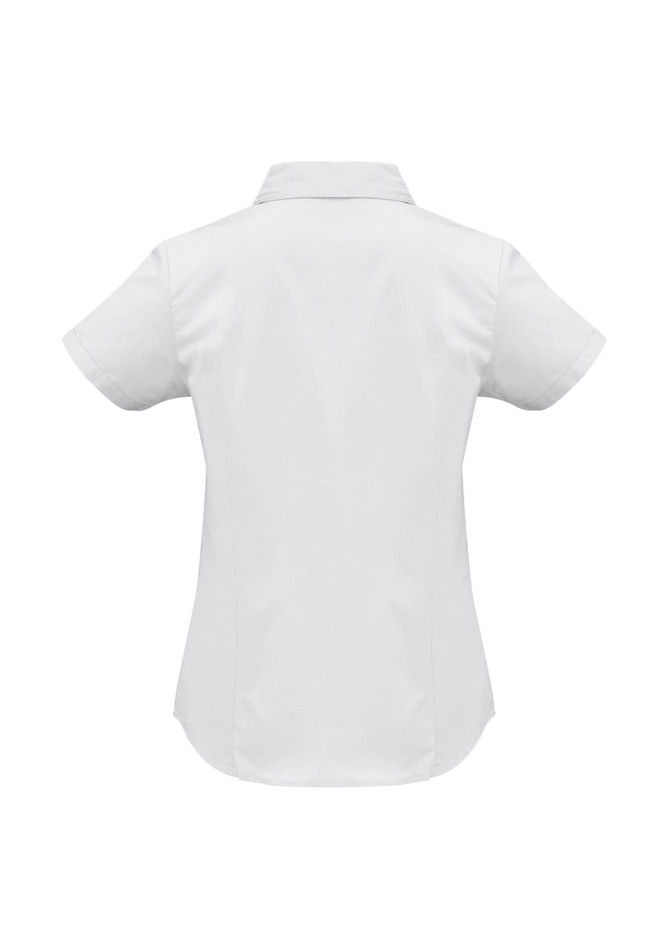 A women's short sleeve button-up shirt in white, featuring a collar and a fitted design. It has a logo on the back.