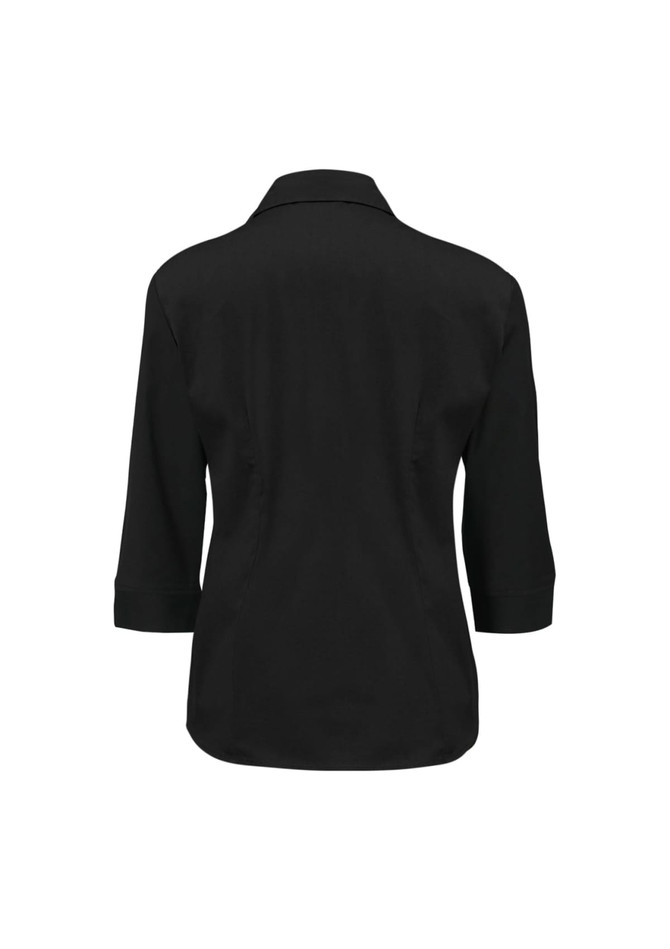 A black women's button-up shirt with 3/4 sleeves and a classic collar, featuring a logo.