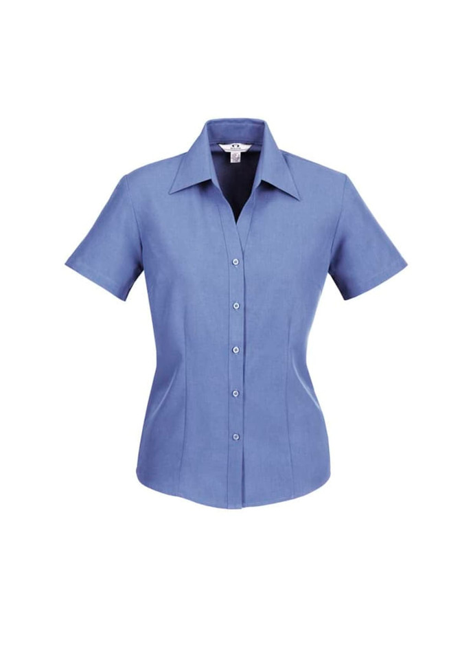 A blue short sleeve button-up shirt with a fitted design and a collar, featuring a logo.